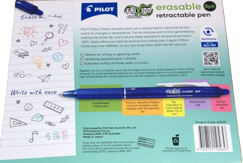 Pilot 0.7 Retractable Erasable Pen Ball 8 Pack FriXion Clicker Blue Red Black