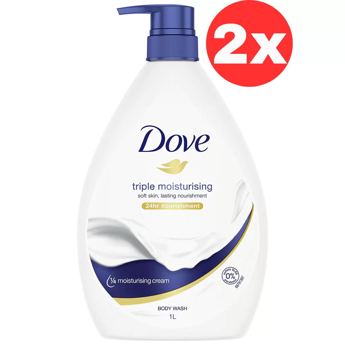 Dove Triple Moisturising Cream Body Wash Shower Gel For Gentle Soft Skin 2 x 1L