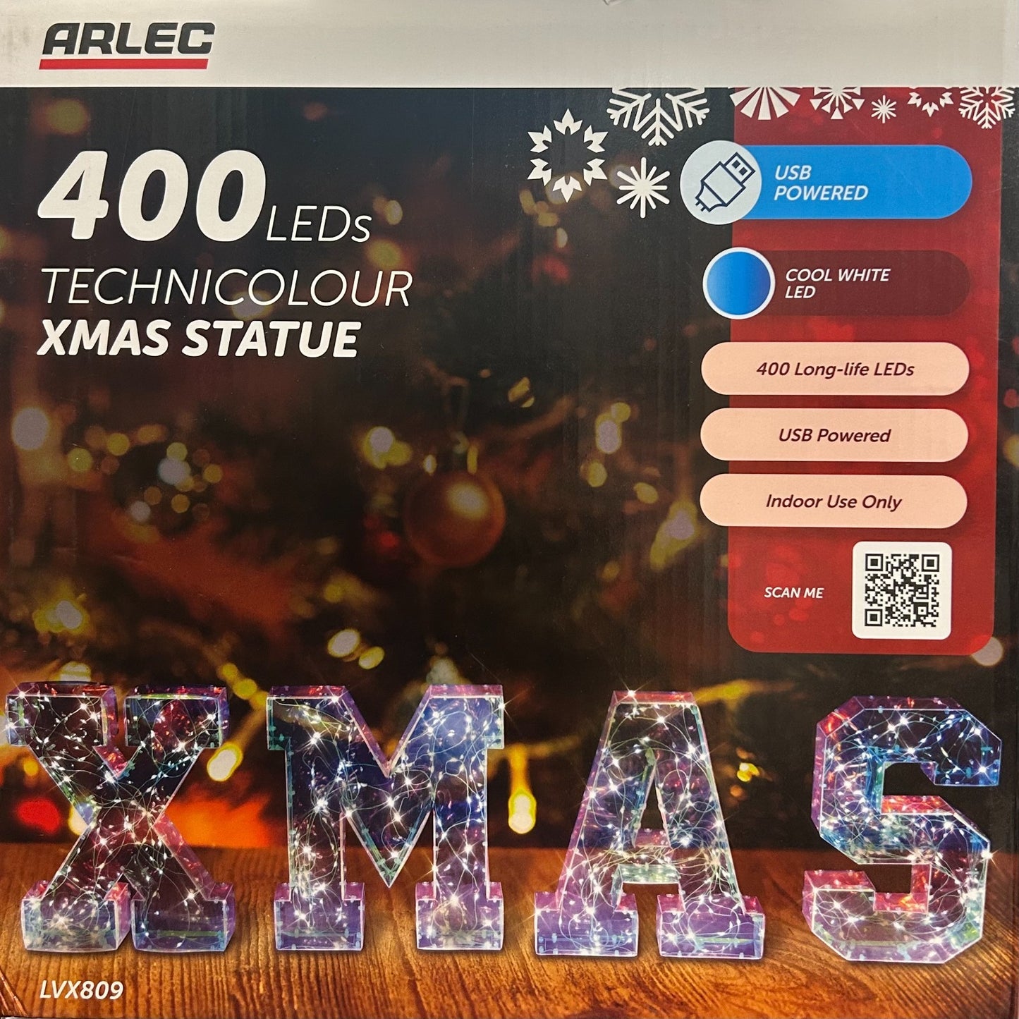 Arlec Xmas Statue 400 LED Technicolour Lights USB Powered Cool White 25cm