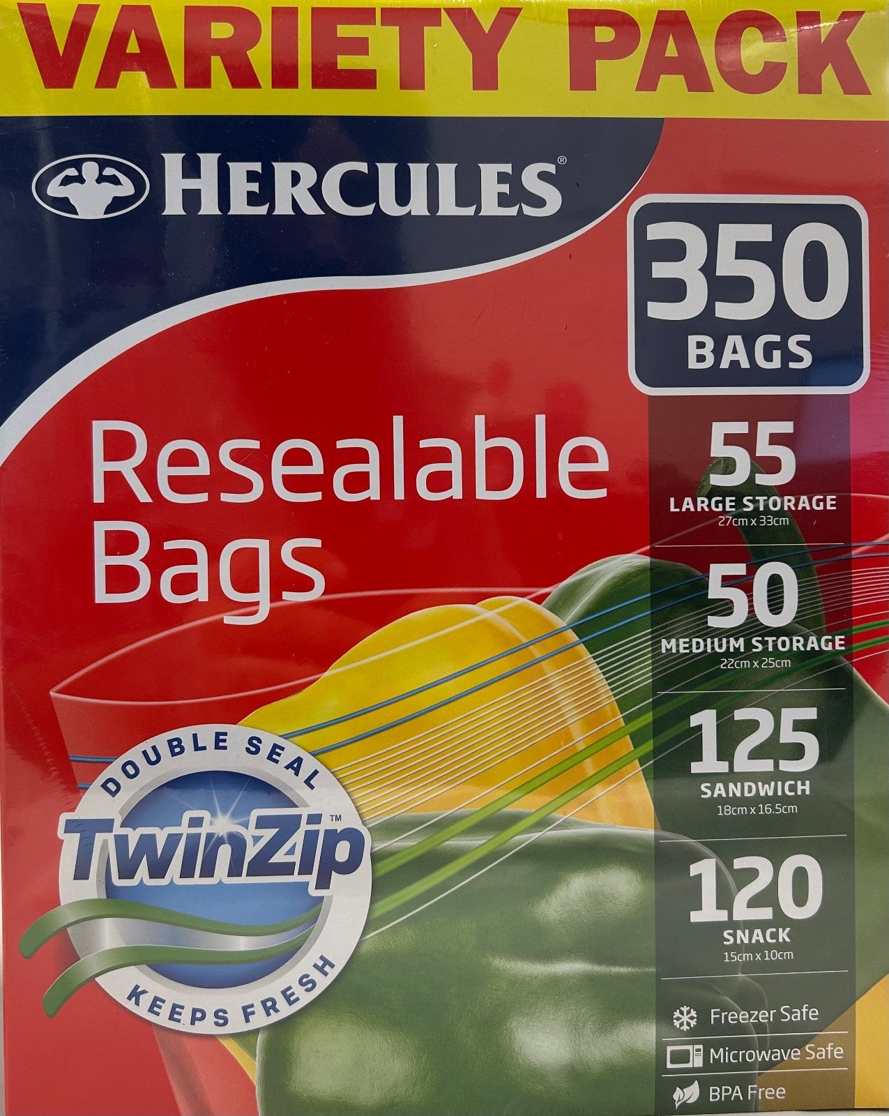 Hercules Resealable Bags Variety Pack Medium Large Sandwich Snack 350 Zip Bag