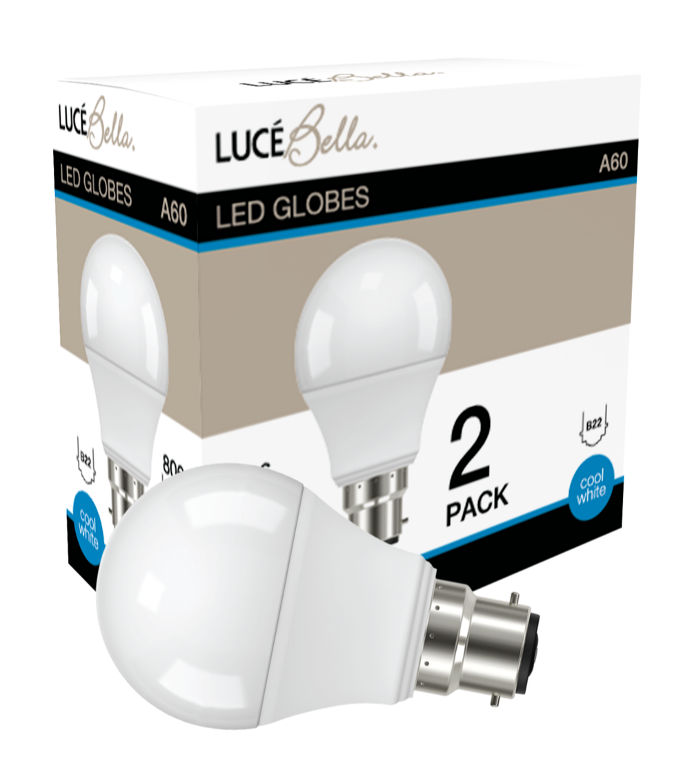 Luce Bella LED Light A60 B22 806lm Cool White 8W Lighting Bulb Globe 2 Pack