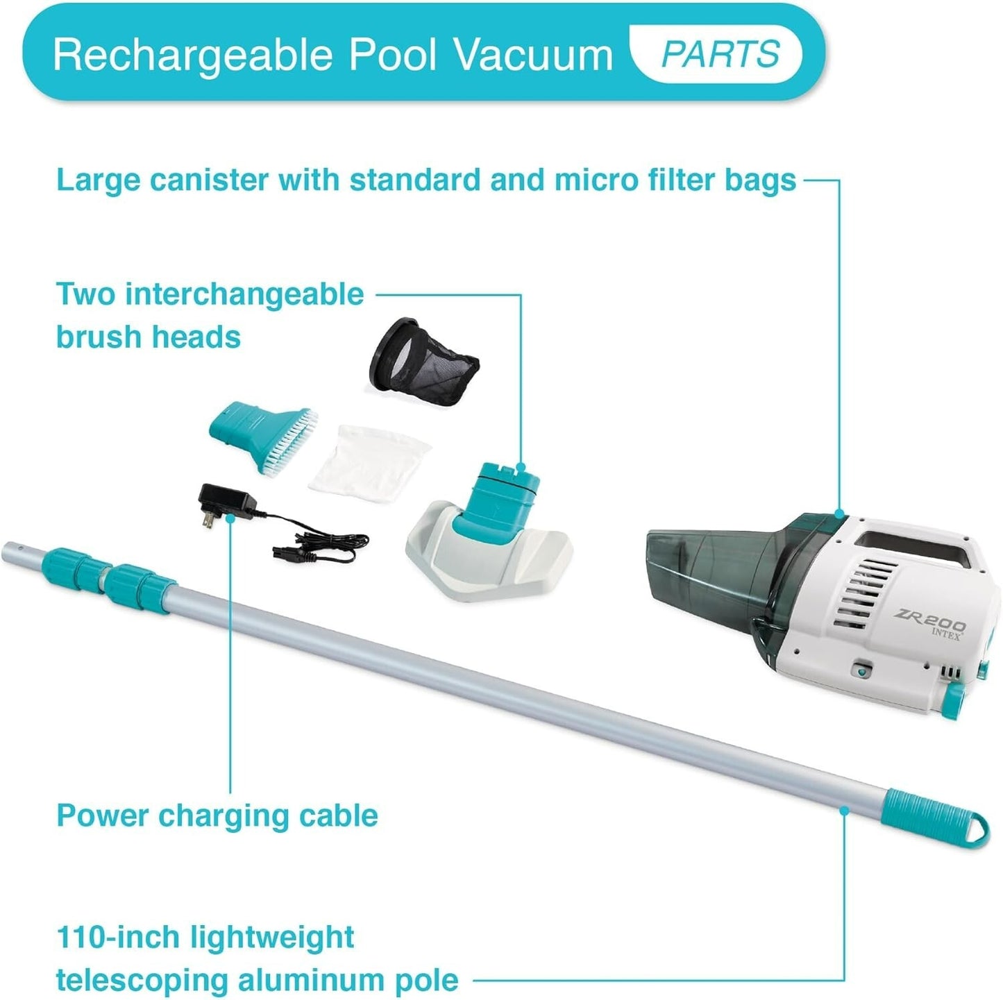 Intex ZR200 Pool Vacuum Cleaner Rechargeable Cordless Telescoping Above Ground