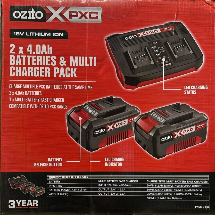 Ozito 4.0Ah Li-Ion Battery & Multi Fast Charger Pack PXC Range Garden Tools 18V
