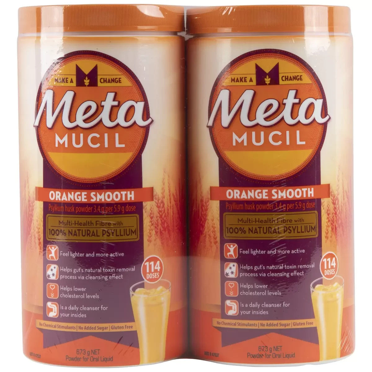 2x Metamucil Fibre Supplement Smooth Orange Fiber Psyllium Drink 673g