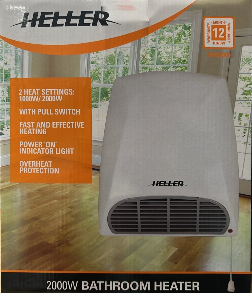 Heller Bathroom Wall Fan Heater 2000W with Pull Switch Cord 2 Speed Settings