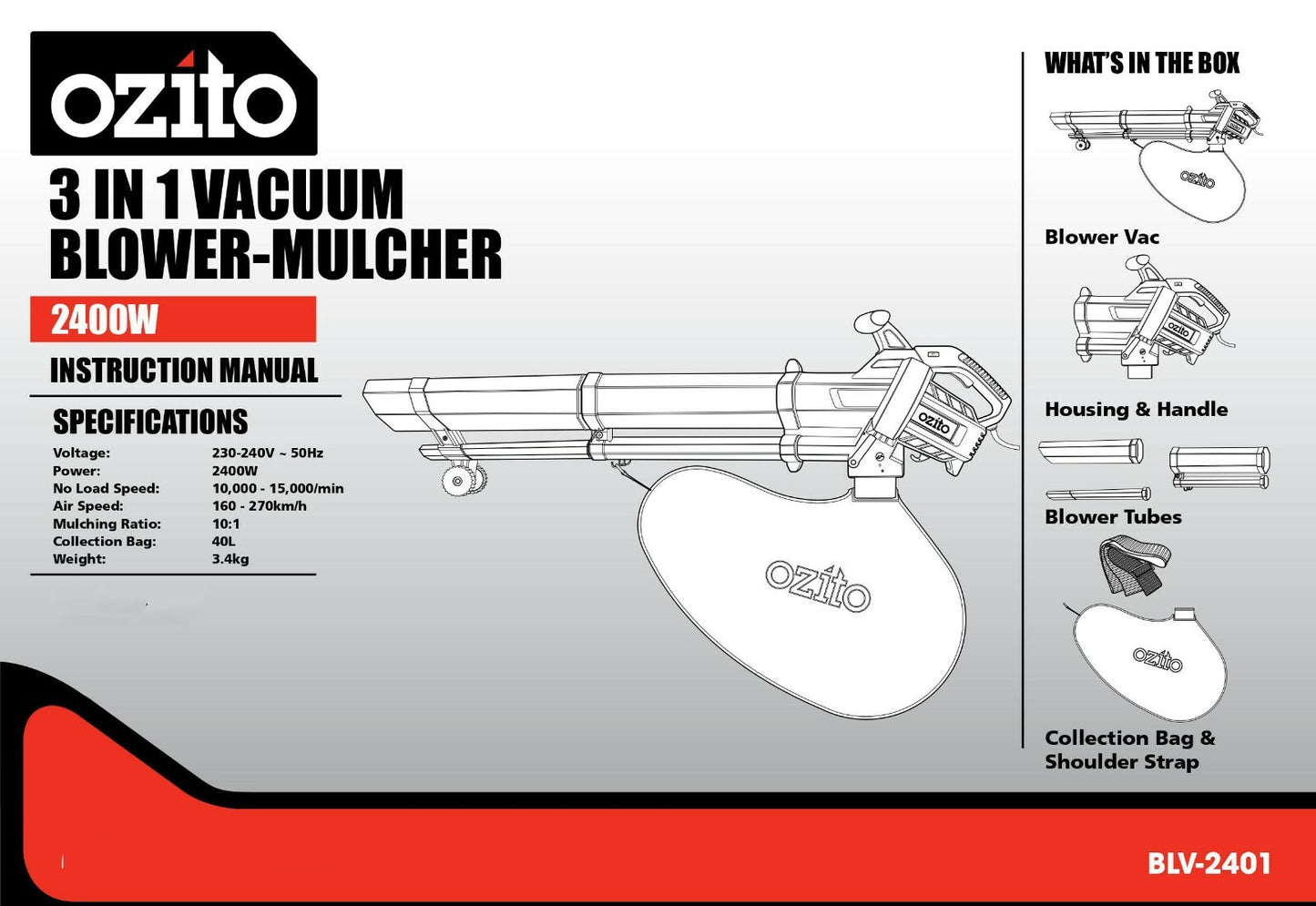 Ozito Blower Vacuum Mulcher 2400W Variable Speed 40L Bag Compact 3 In 1 Electric
