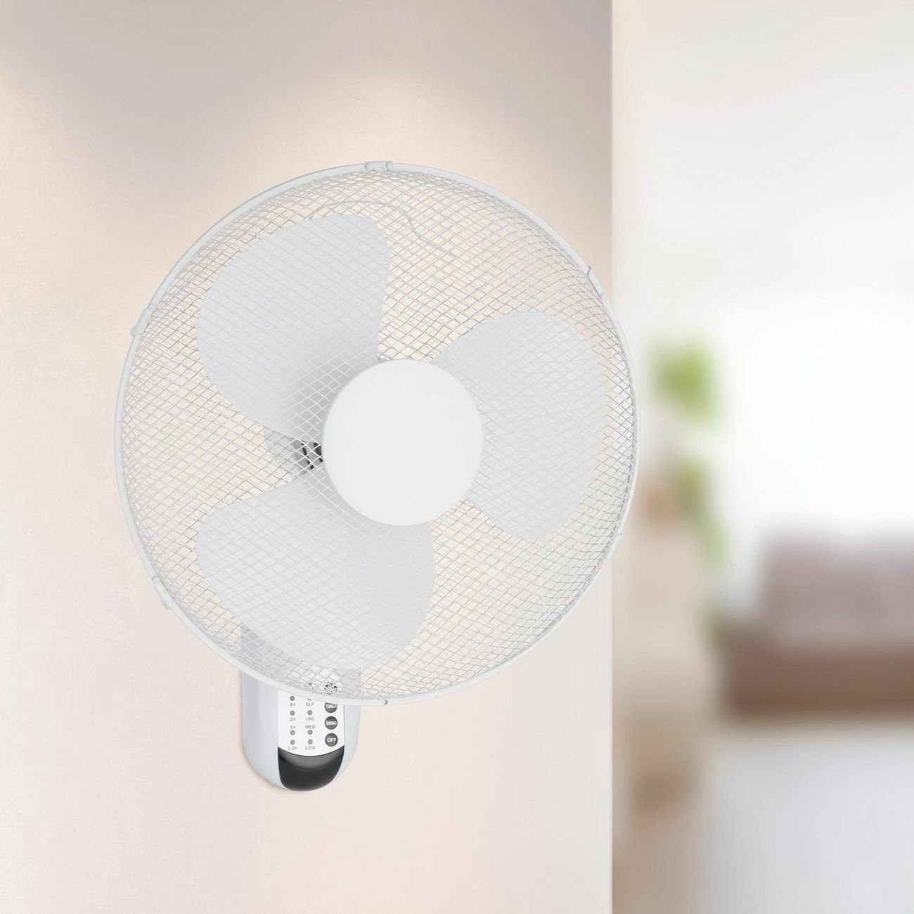 Click Wall Mounted Fan 40cm Fixed Oscillating 3 Speed Remote Control Timer White