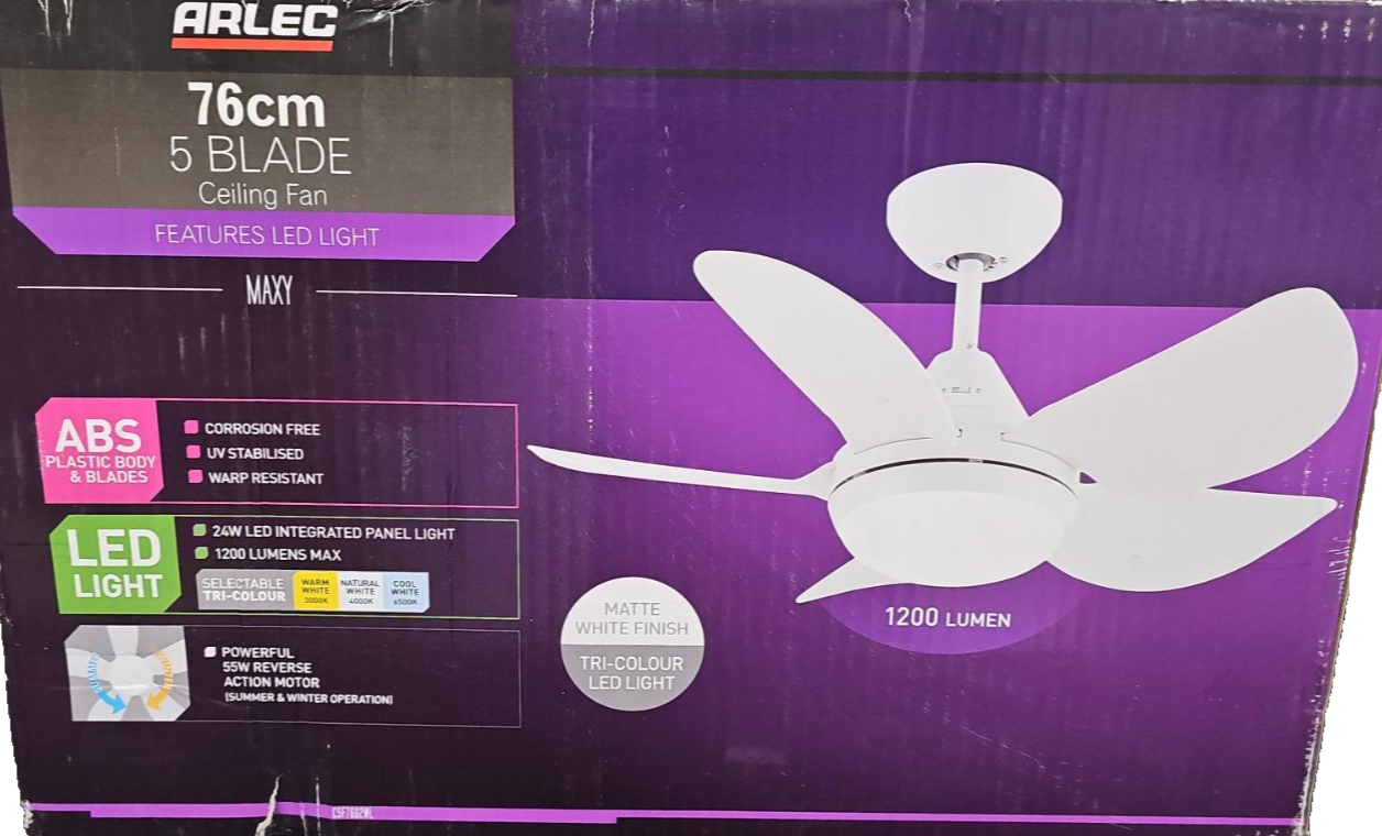 Arlec Maxy 76cm AC Ceiling Fan with LED Light 5 ABS Blades Wall Control White
