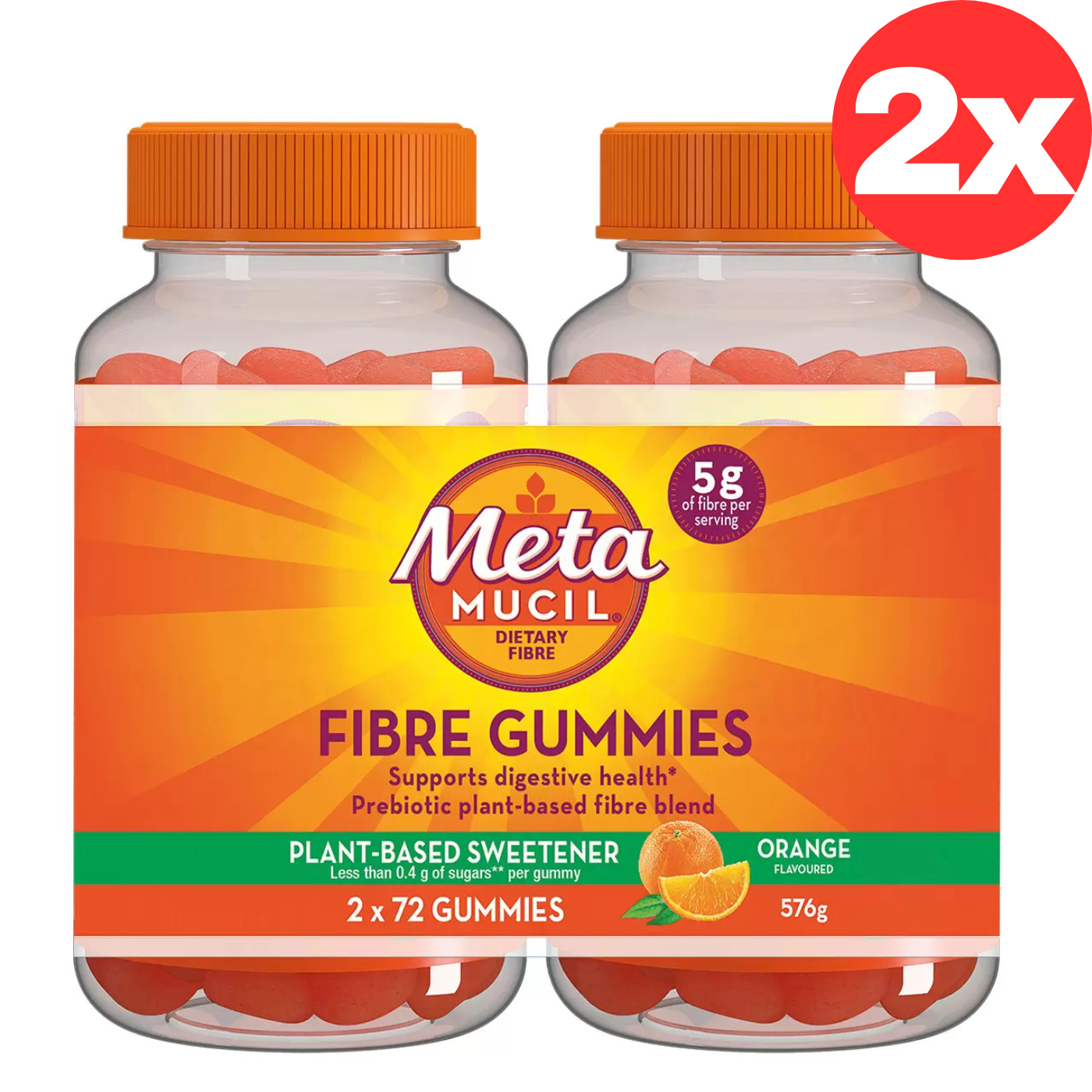 2x Metamucil Fibre Gummies Orange Flavour for Digestive Health Prebiotic 72pk