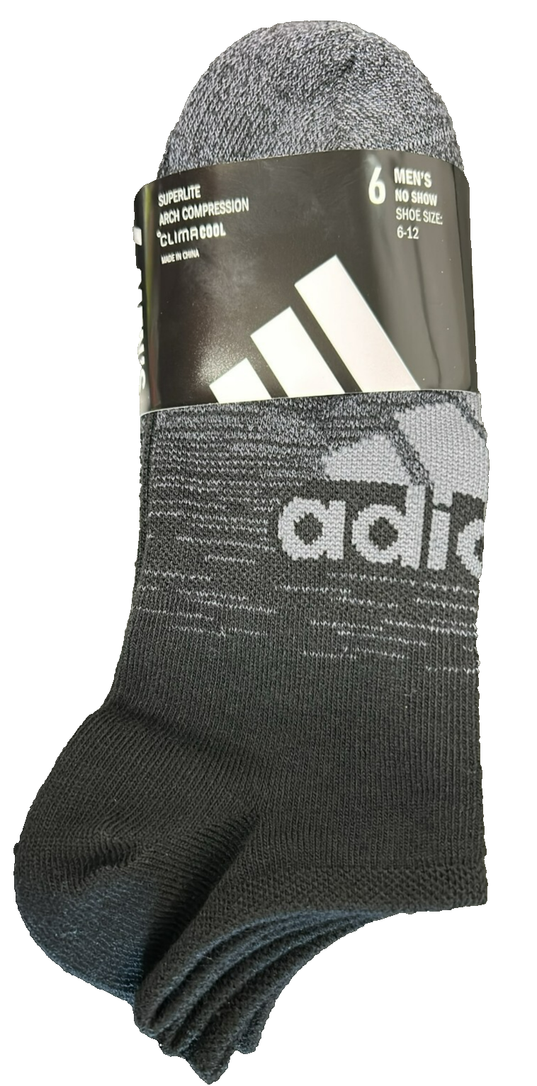 Adidas Men's No Show Socks Superlite Compression Size 6 - 12 Black 6 Pairs