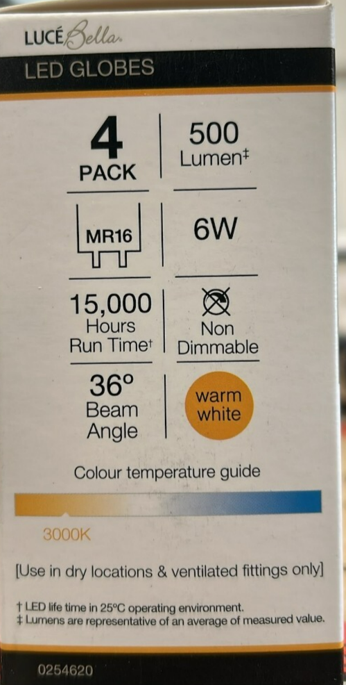 Luce Bella LED DownLight Bulb Globes Light 500LM Warm White 6W 36° MR16 4 Pack