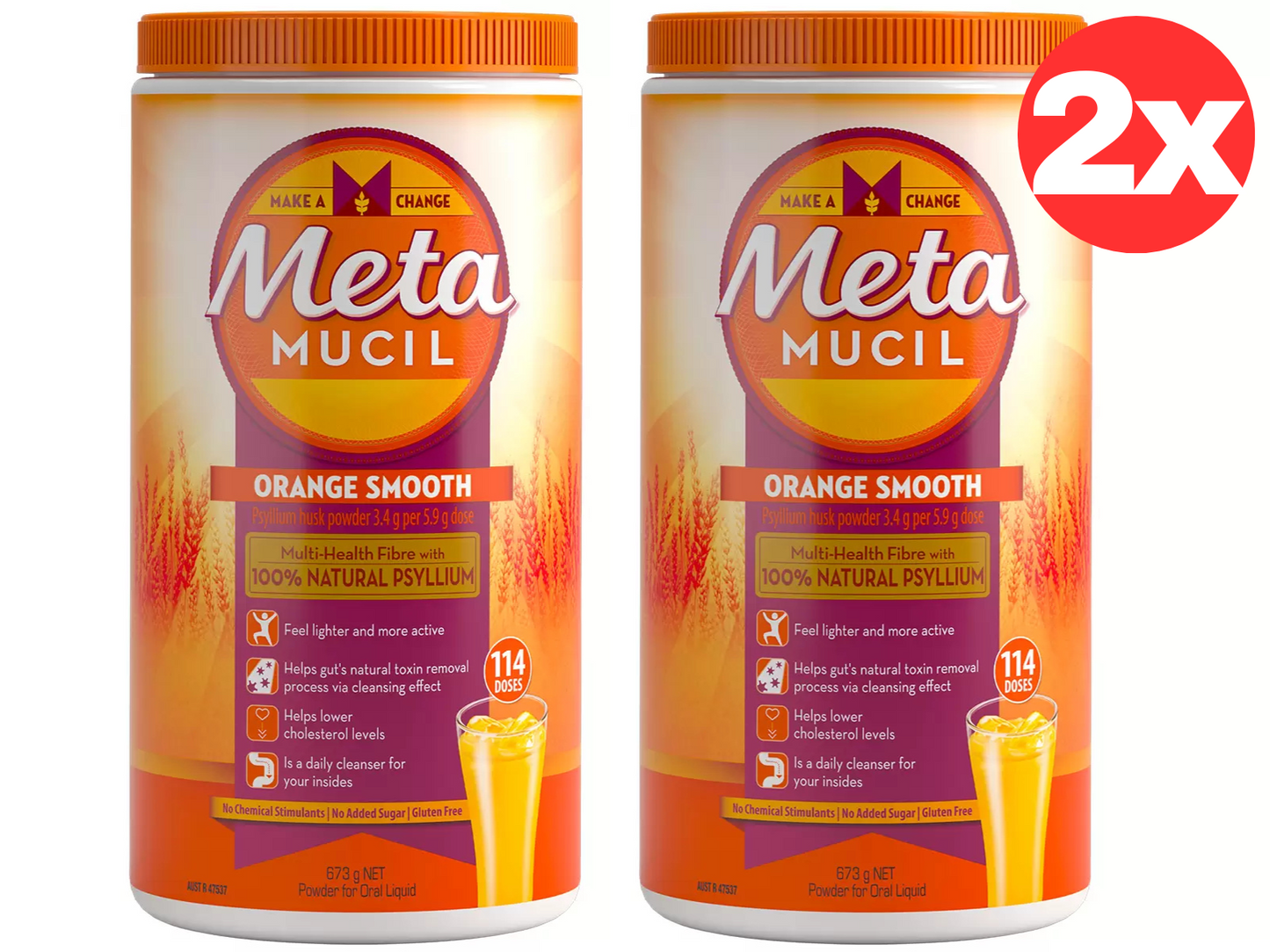 2x Metamucil Fibre Supplement Smooth Orange Fiber Psyllium Drink 673g