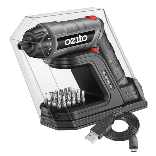 Ozito Cordless Screwdriver with USB Changing Base 24 Bits Set LED Torch 3.6V