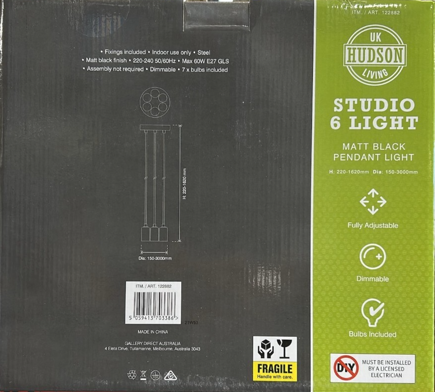 Hudson Living Studio Pendant Light Chandelier Kitchen Modern Lighting Ceiling
