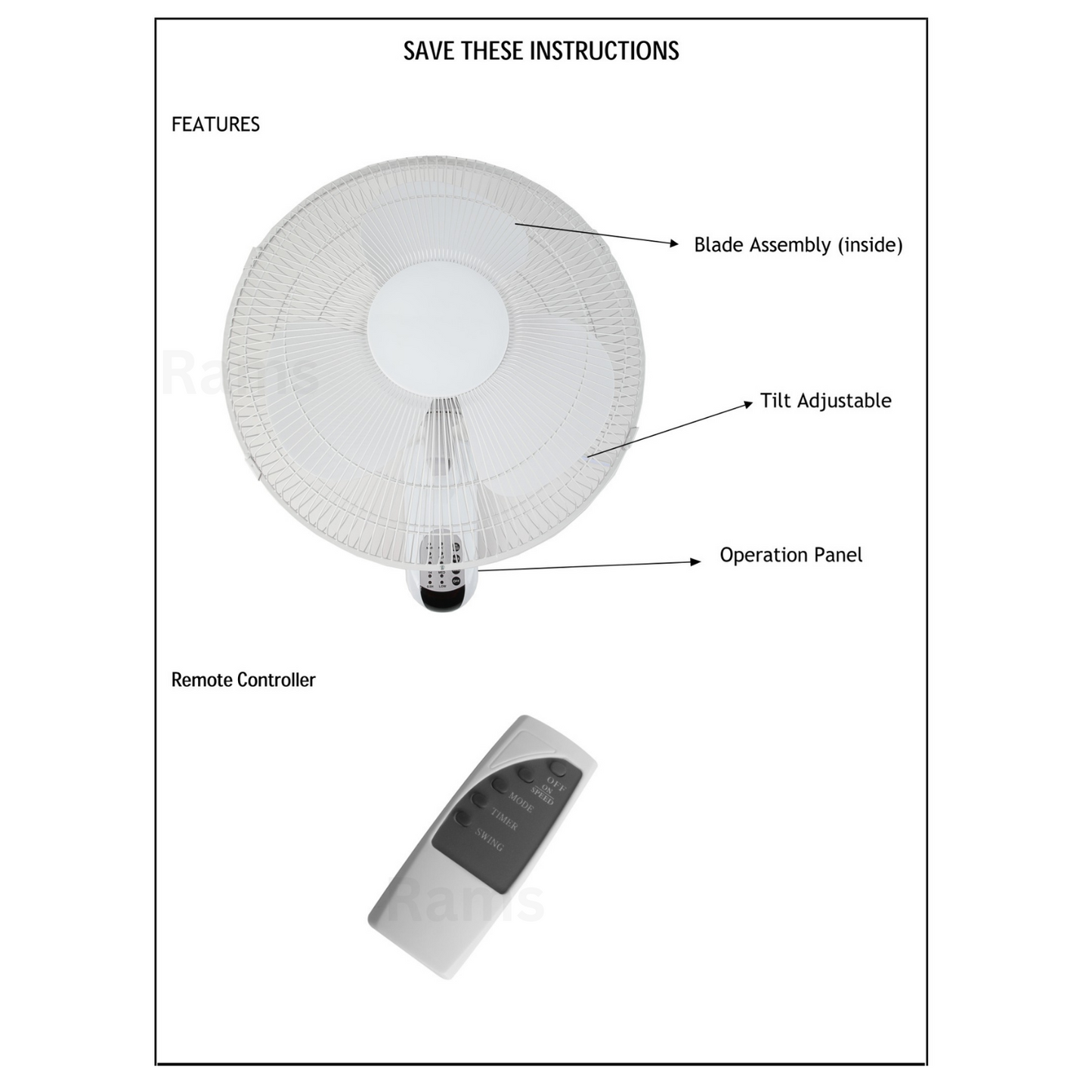 Heller 40cm Wall Fan W/ Remote Control 3 Speed Fixed Oscillating Tilt Adjustable