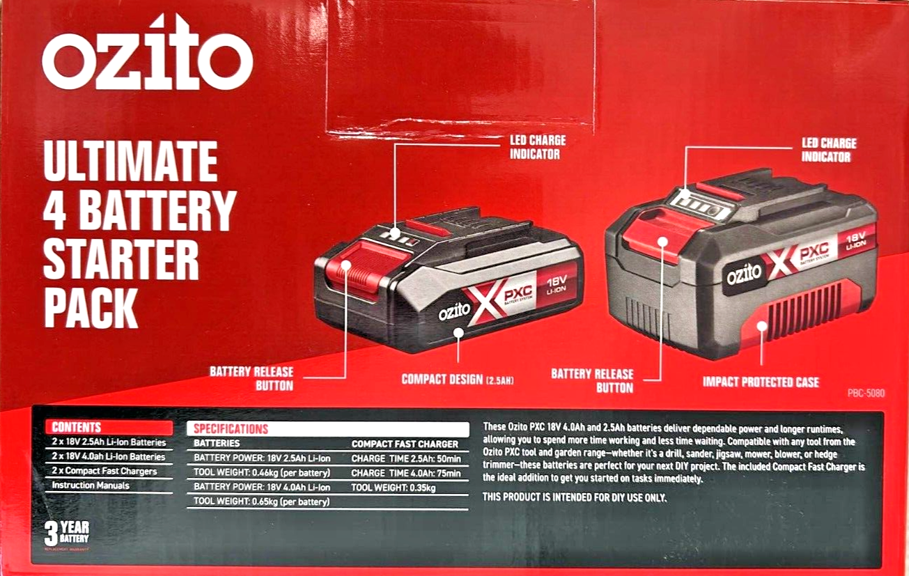 Ozito 18V Battery and Charger Pack Replacement 2.5Ah 4.0 AH Fast Charging
