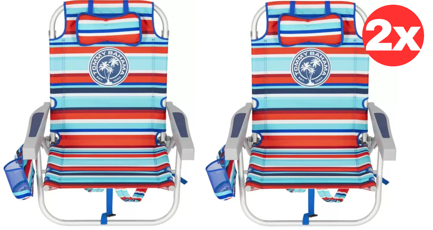 2x Tommy Bahama Backpack Cooler Beach Chair Seat Pockets Summer Camping Red/Blue