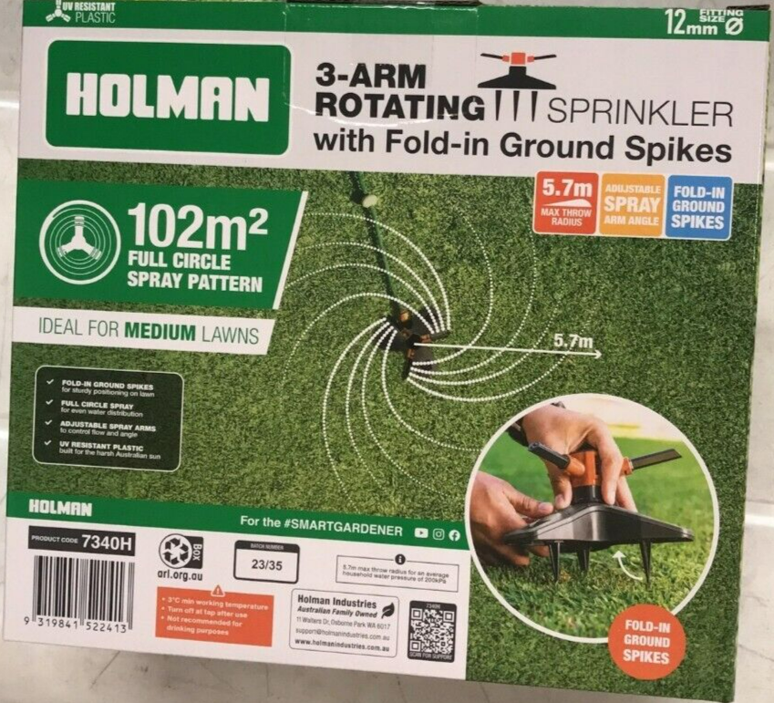 Holman Sprinkler Spikes  3 Arm Base Retractable Garden Lawn Patio Water Sprayer