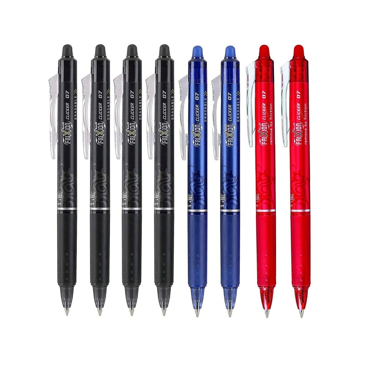 Pilot 0.7 Retractable Erasable Pen Ball 8 Pack FriXion Clicker Blue Red Black