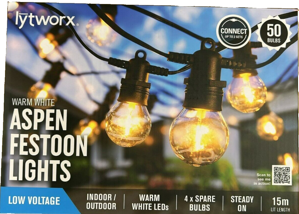 Lytworx 15m Christmas Lights Aspen Festoon Connectable Warm White 50 Bulbs