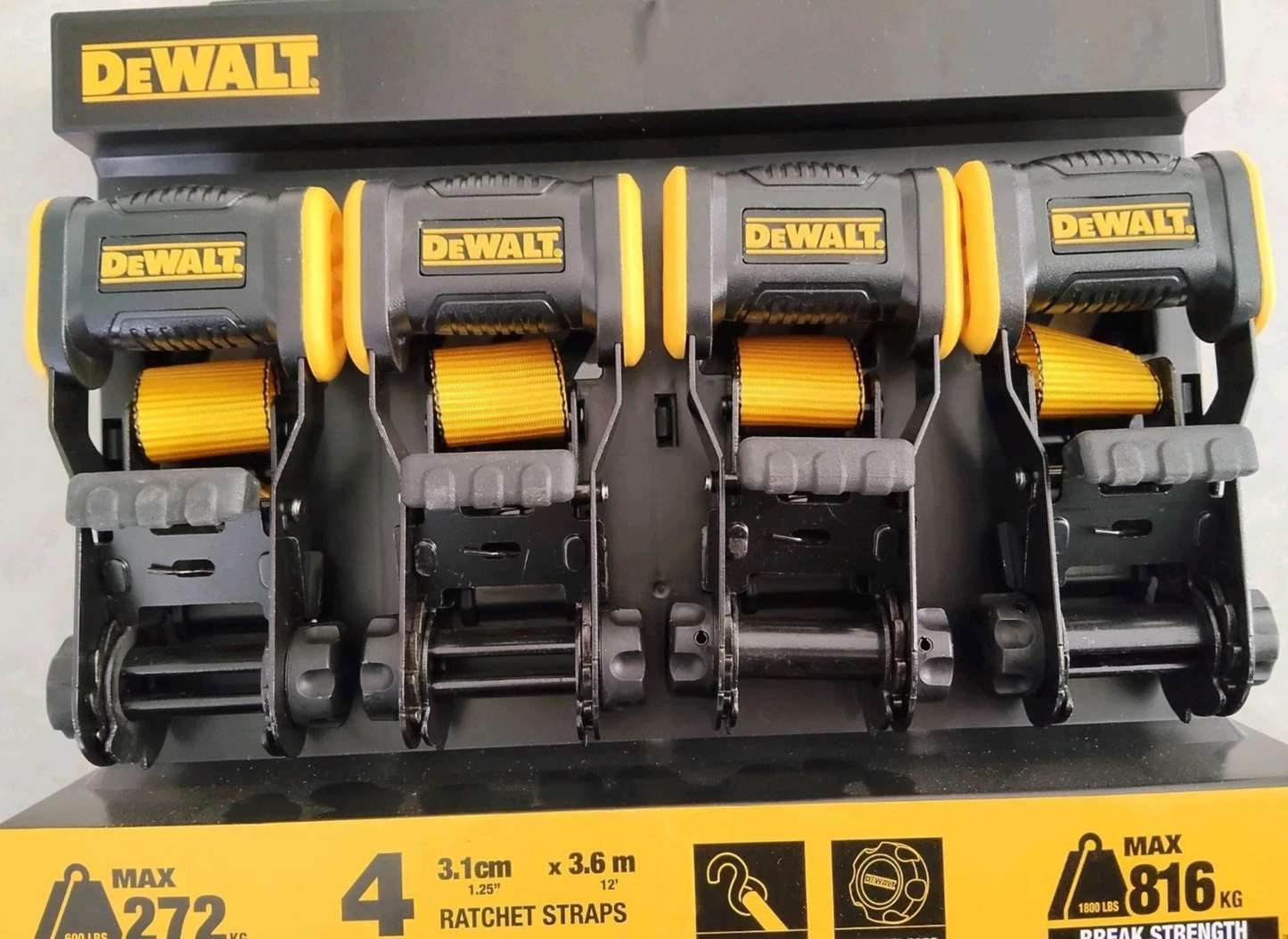 DeWALT Ratchet Tie Down Straps 31mm x 3.6m Break Strength 816kg 4 Pack