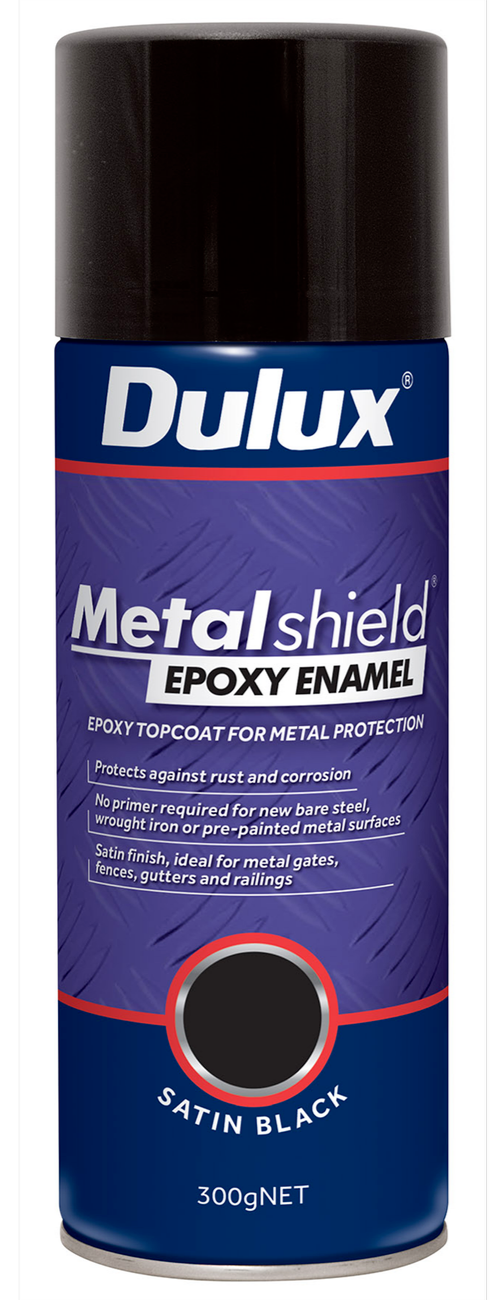 Dulux Metalshield Satin Black Epoxy Enamel Spray Paint Rust Protection 300g