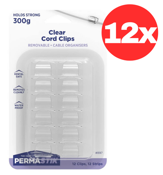 Permastik Clear Removable Cord Clips Cable Ties Holder Organiser 12 Pack