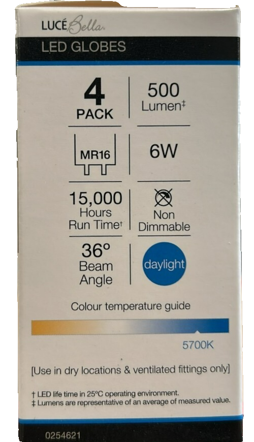 Luce Bella LED DownLight Bulb Globes Light 500 Lumen DayLight 6W 60° MR16 4 Pack