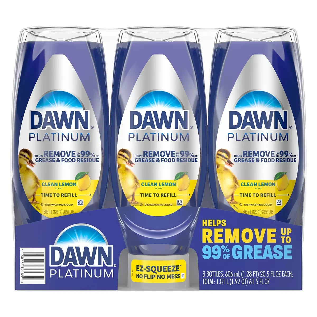 Dawn Platinum EZ Squeeze Dishwashing Dish Liquid Soap Refill 3 x 606ml