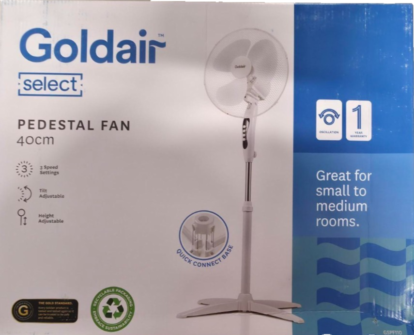 Goldair 40cm Pedestal Fan Oscillating Portable Adjustable Tilt Head 3 Speed