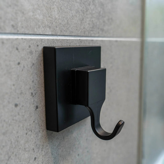 Fusion-Loc Suction Bathroom Hook Shower Wall Towel Hanger Holder Matte Black 2Pk