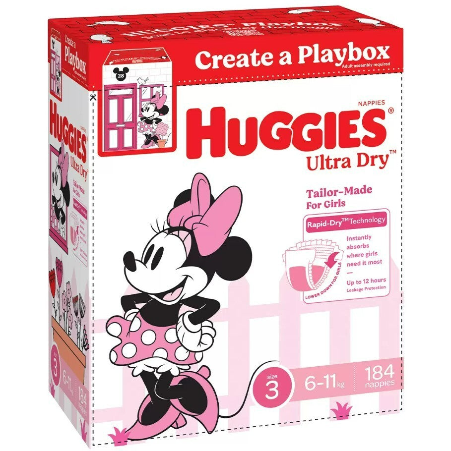 Huggies Girls' Ultra Dry Nappies Size 3 Crawler 184 Disposable Diapers 6-11kg