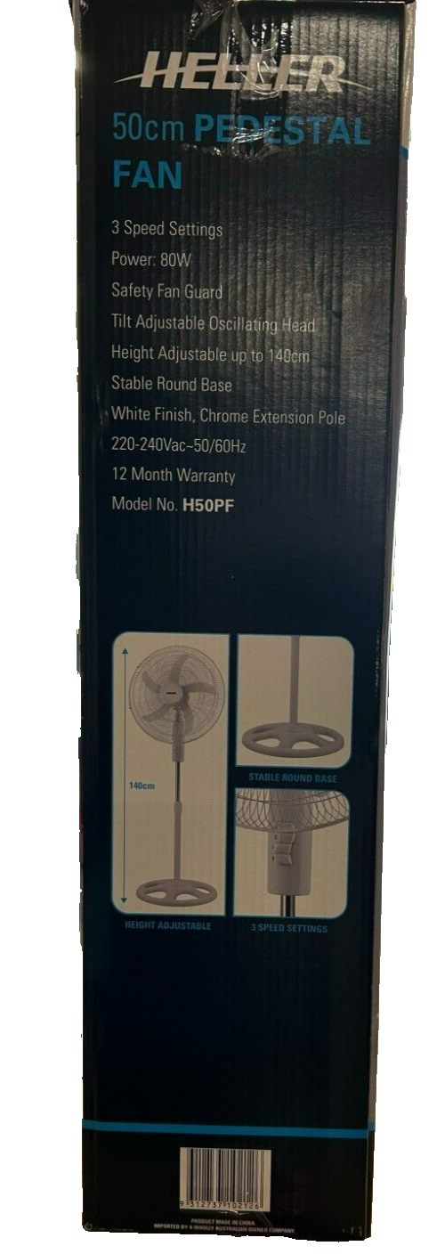 Heller 50cm Pedestal Fan Oscillating Portable Adjustable Tilt Head 3 Speed White