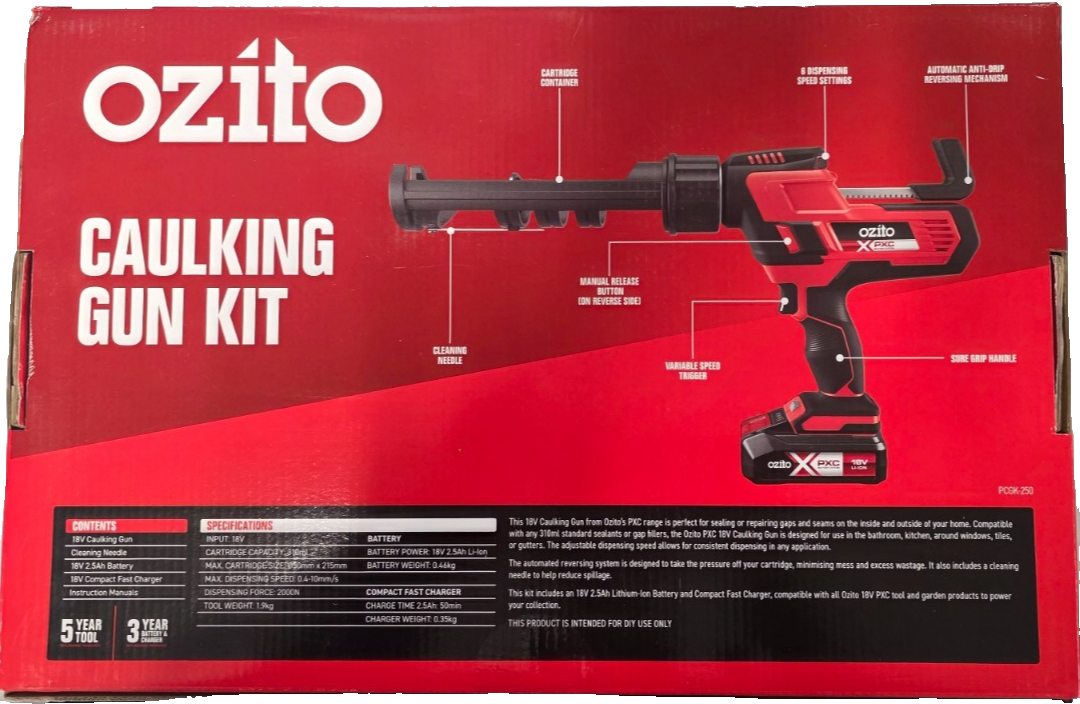 Ozito PXC 18V Caulking Gun Kit with 2.5Ah Li-ion Battery Charger Set Gap Sealant