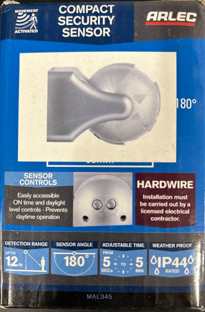Arlec Movement Activated Security Sensor Light Hardwire Outdoor 12m Range