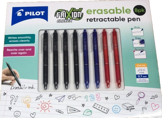 Pilot 0.7 Retractable Erasable Pen Ball 8 Pack FriXion Clicker Blue Red Black
