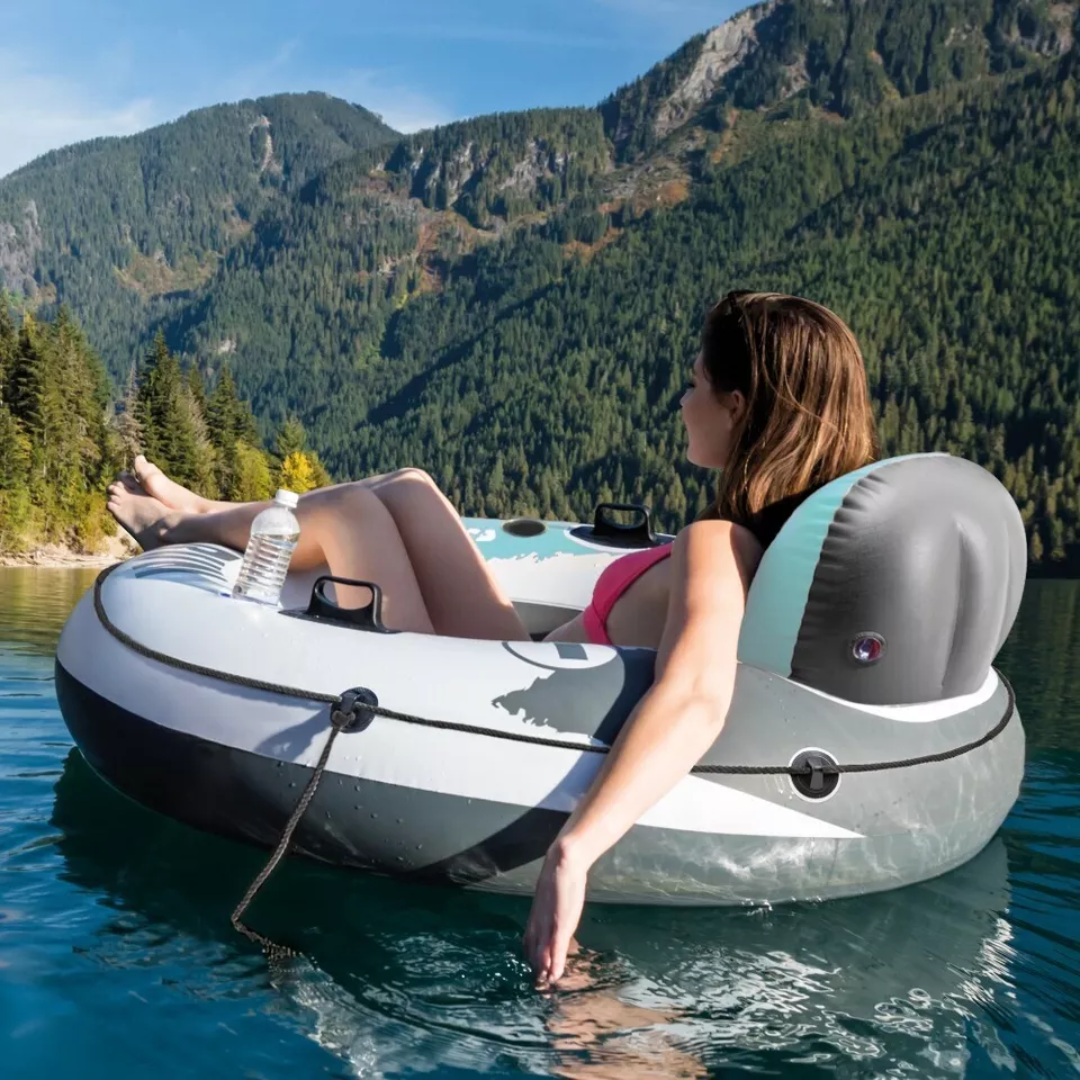 Intex River Run Ring Aqua Inflatable Pool Lounge Tube Lake Float with Cup Holder