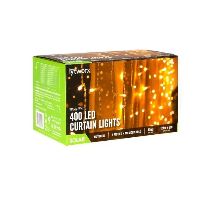 Lytworx Curtain Lights Warm White Solar Powered 400 LED Light Christmas Decor