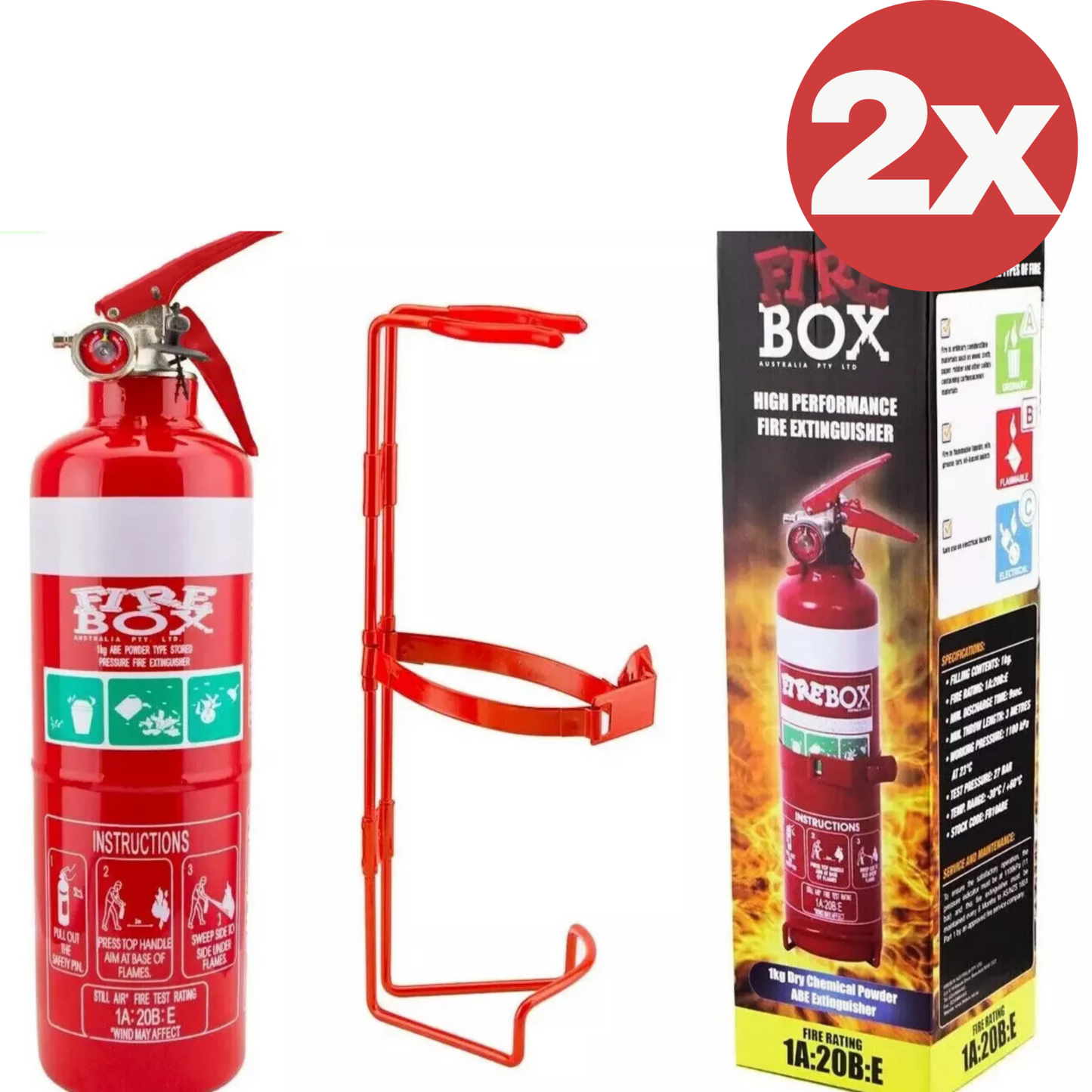 2x Firebox 1kg Fire Extinguisher ABE Professional Dry Chemical Powder w/ Bracket
