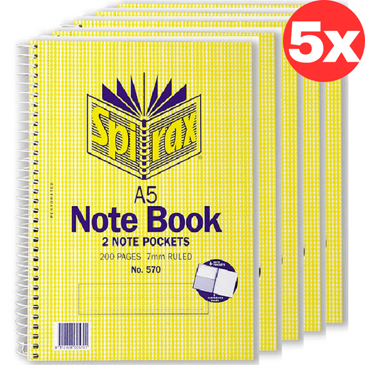 Spirax A5 Spiral Notebook with Note Pockets Office School Memo 200 Pages 5 Packs