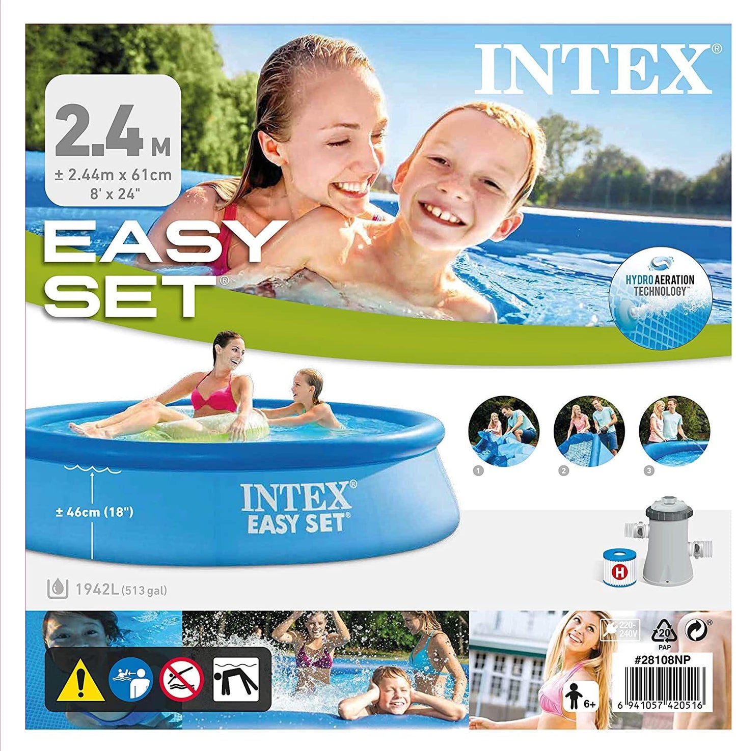 Intex Easy Set Pool Inflatable Swimming Above Ground with Filter Pump 8' X 24"