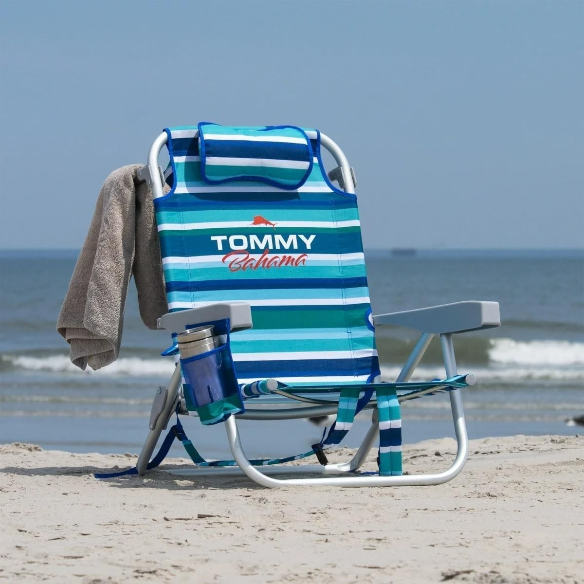 Tommy Bahama Beach Chair Backpack Folding Low Seat Lounge Summer Camping Blue