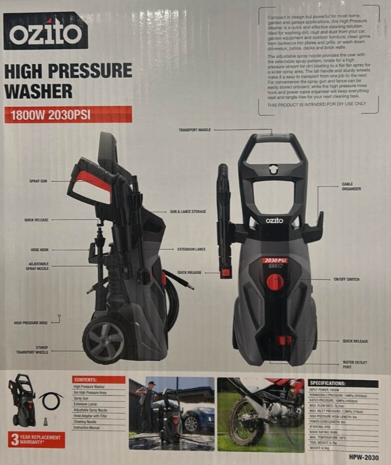Ozito Pressure Washer Cleaner 1800W Electric Water Adjustable Spray 2030PSI