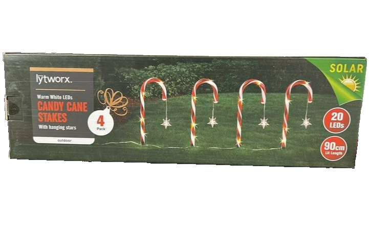 Lytworx Christmas Decor Outdoor Solar Candy Cane Hanging Stars Stake Lights 4PCS