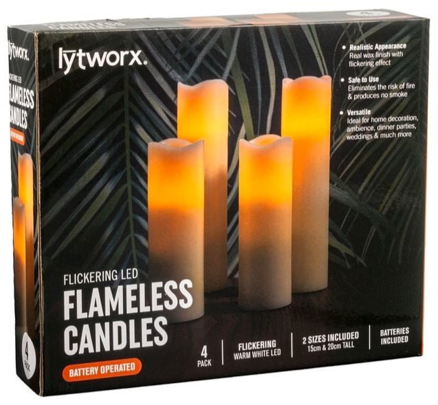 Lytworx Flameless Candles Flickering LED Light Battery Operated Warm White 4 Pac