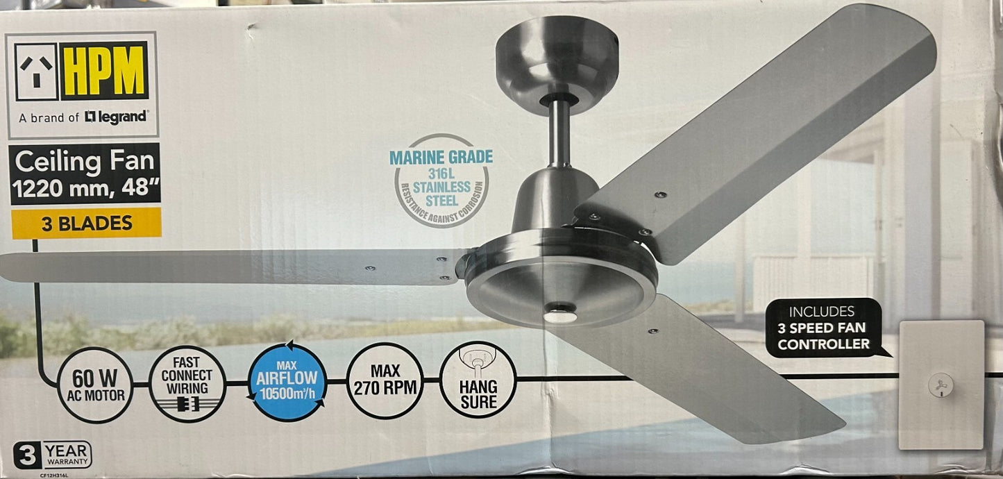 HPM 3 Blade Ceiling Fan 1220mm Marine Grade 316L Stainless Steel 48in
