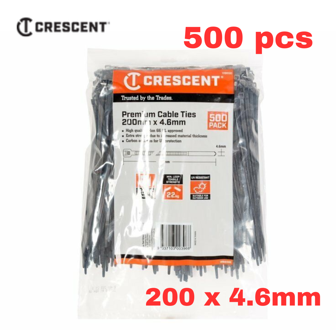 Crescent Cable Ties 200 x 4.6mm Black Nylon Wire Cables Organiser Bulk 500 Pack