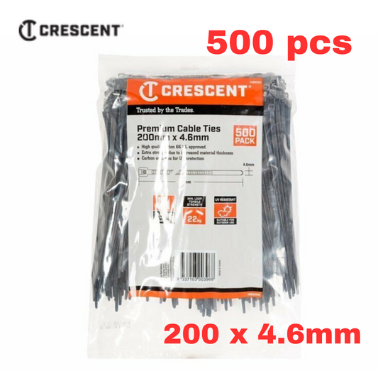 Crescent Cable Ties 200 x 4.6mm Black Nylon Wire Cables Organiser Bulk 500 Pack