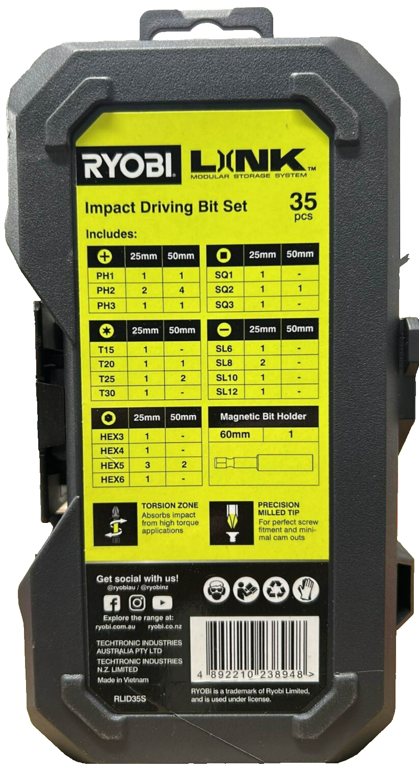 Ryobi Impact Link Driving Bit Set System Compatible Wall Storage 35-Piece