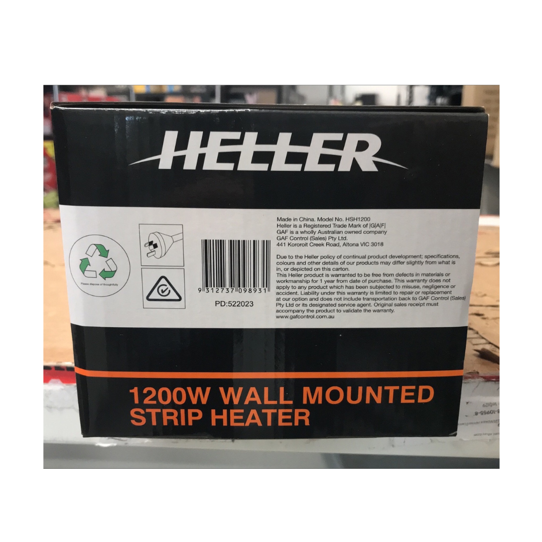 Heller Electric Strip Heater Pullcord 1200W 2 Bar Wall Mount 2 Heat Settings